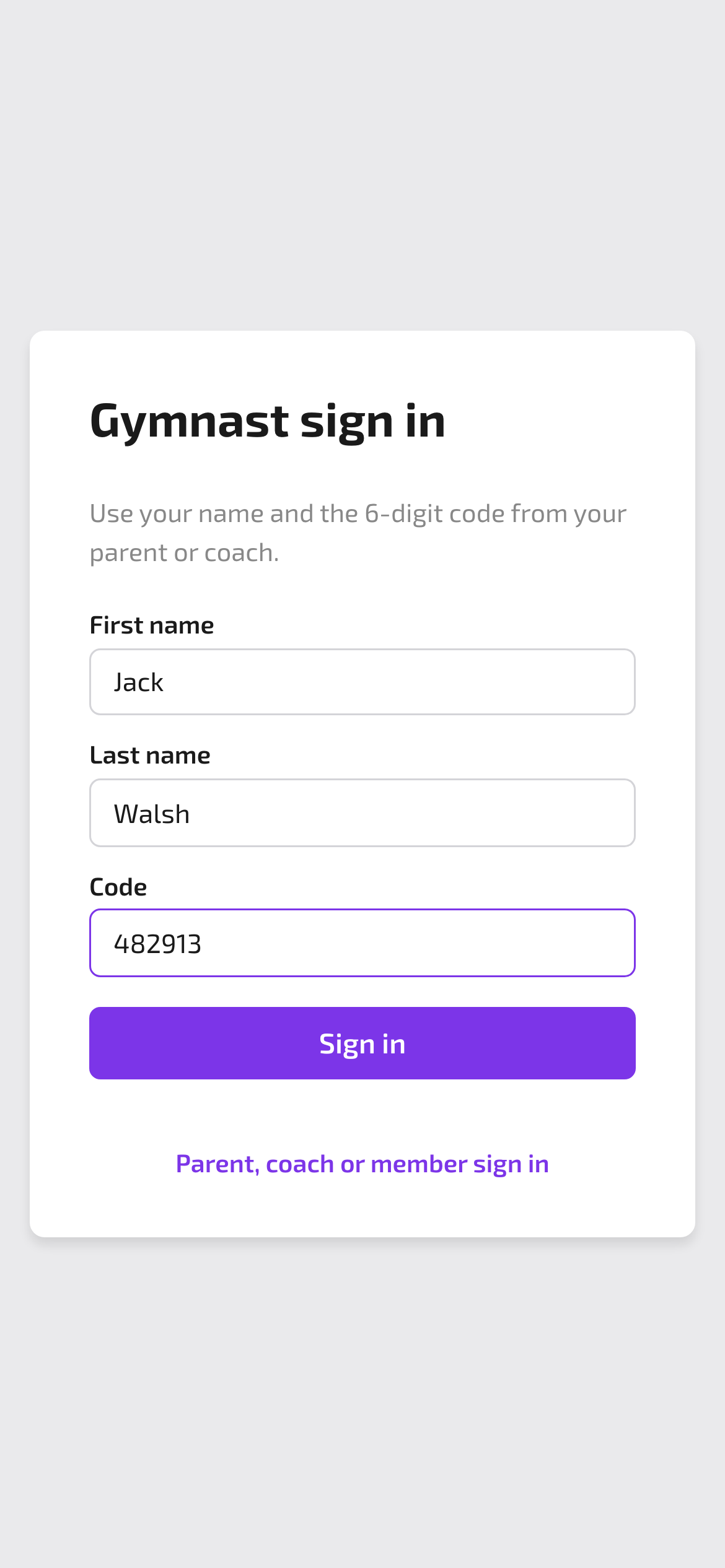 Gymnast sign in with first name, last name and a six-digit code