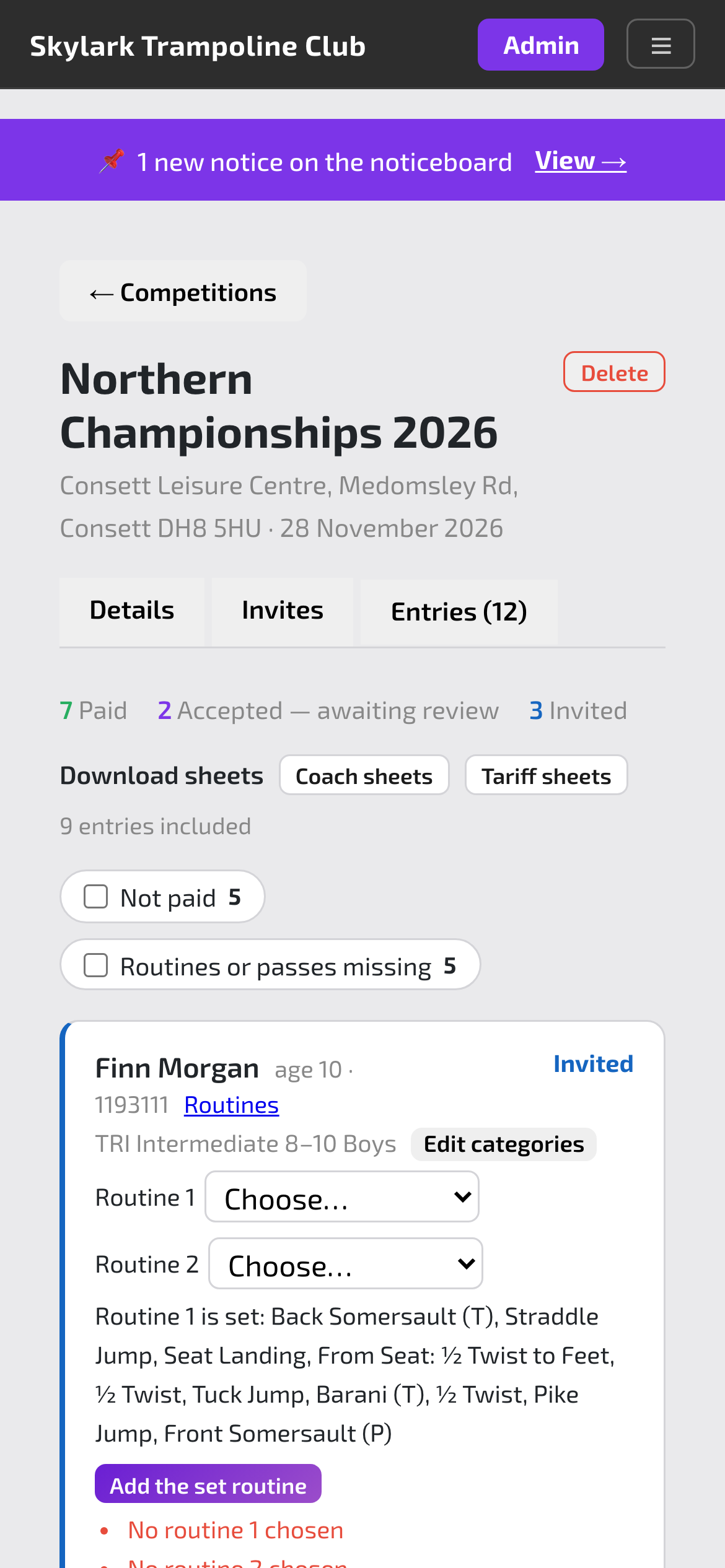 A competition’s entries, with paid and invited counts and sheet downloads