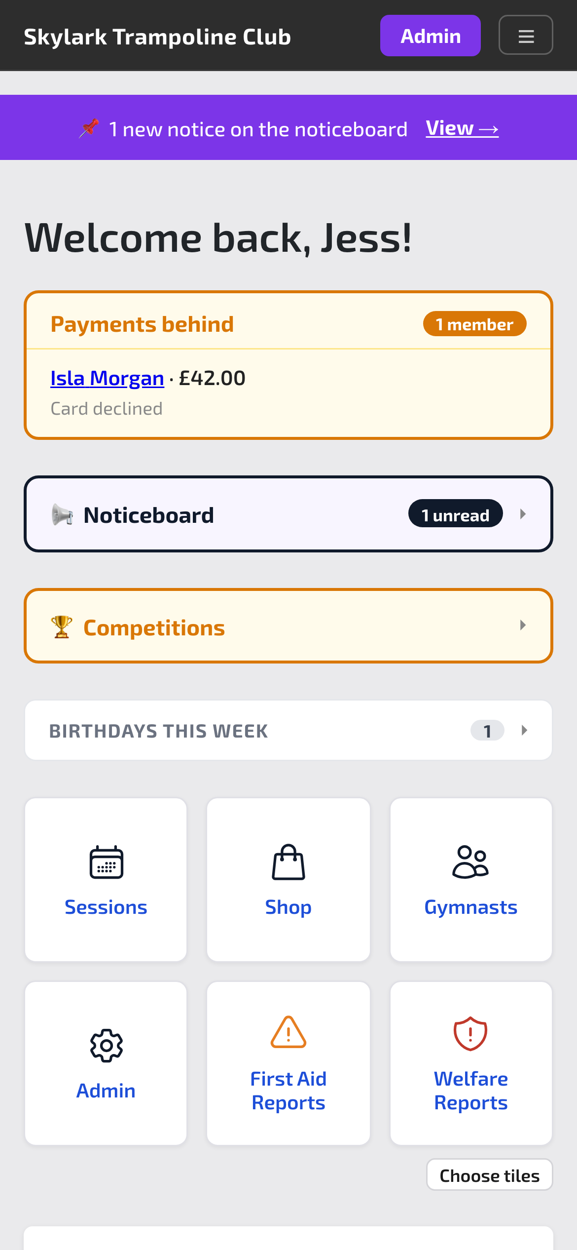 The staff home page: a payment that’s behind, birthdays this week and shortcuts