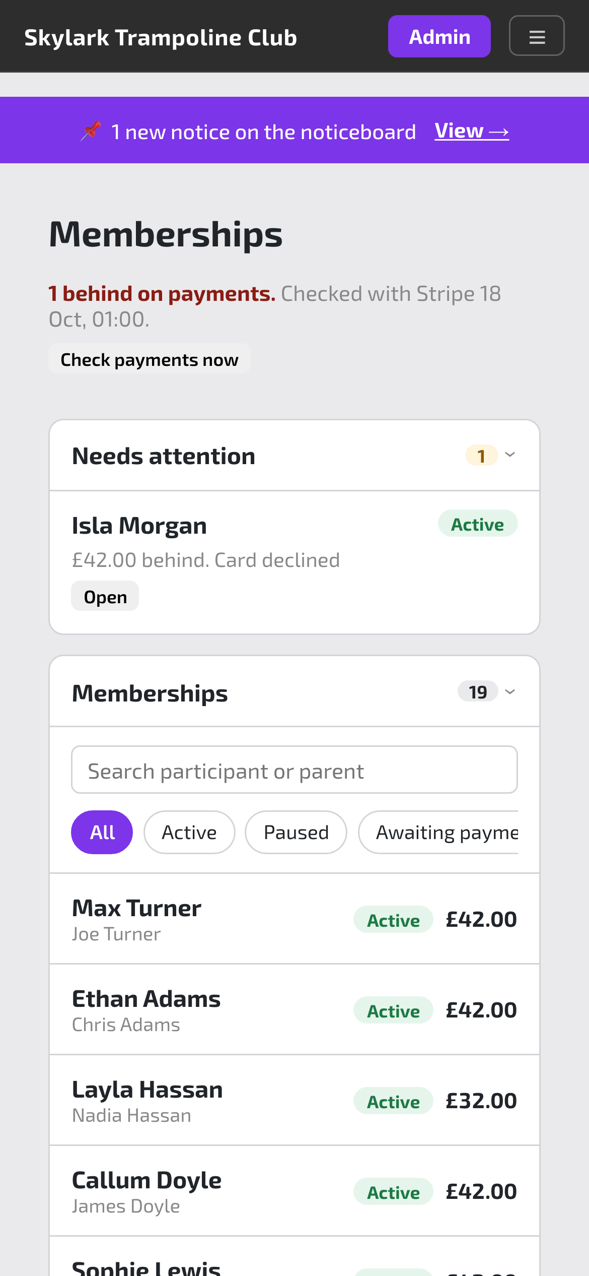 Memberships, with one family flagged as behind on payments