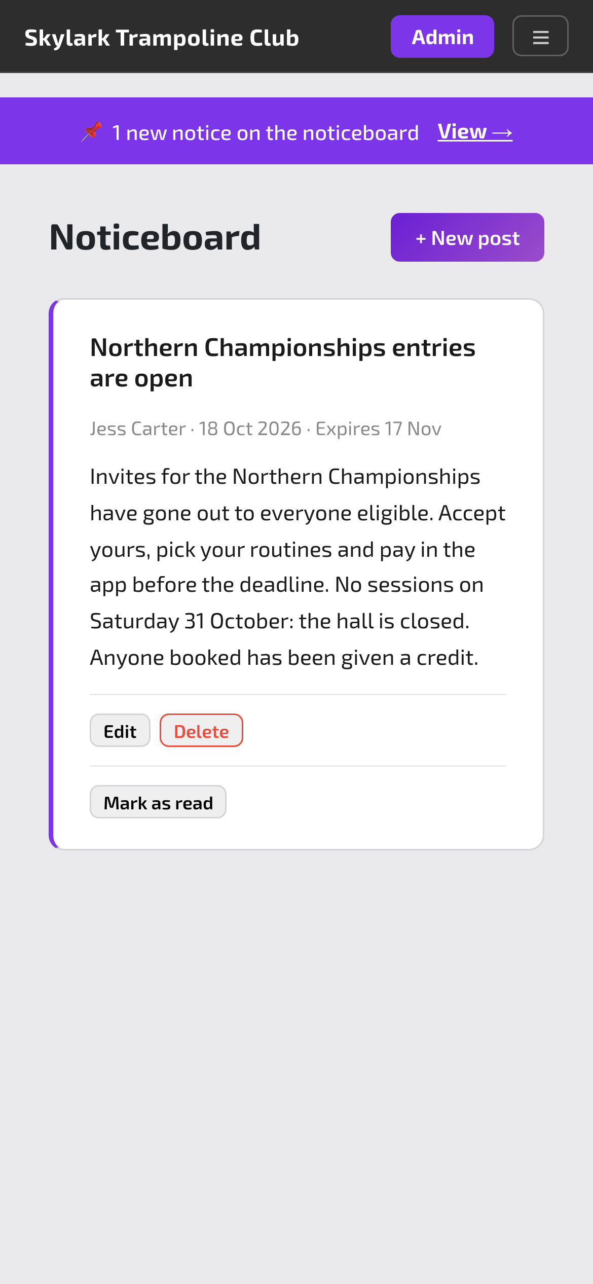 The club noticeboard with a post about competition entries