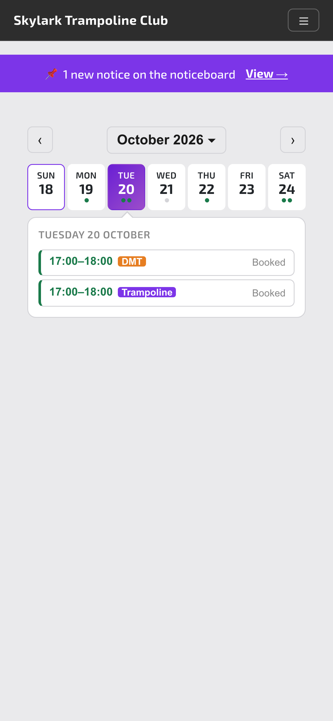 A parent’s booking calendar with this week’s sessions