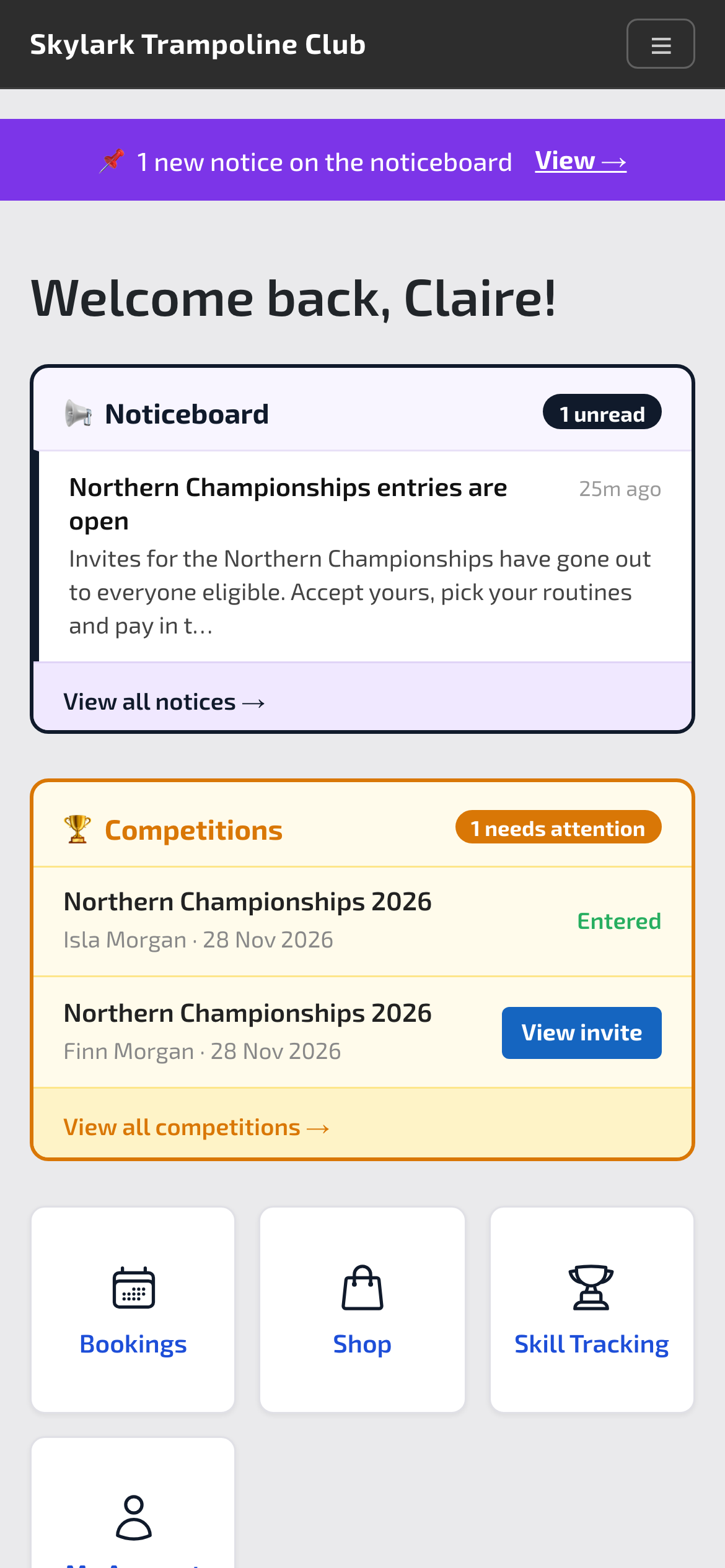 A parent’s home page with a competition invite