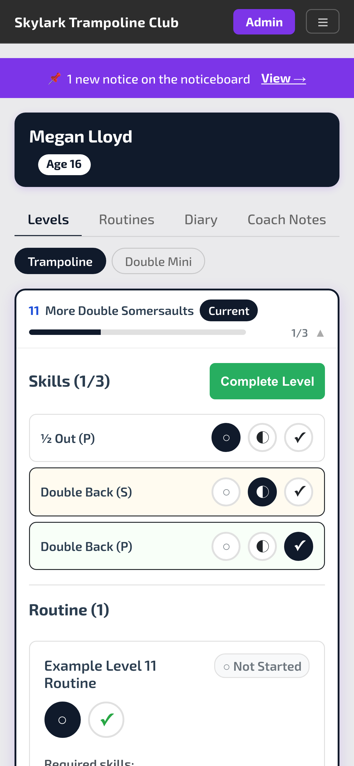Skill sign-off for a gymnast’s current level