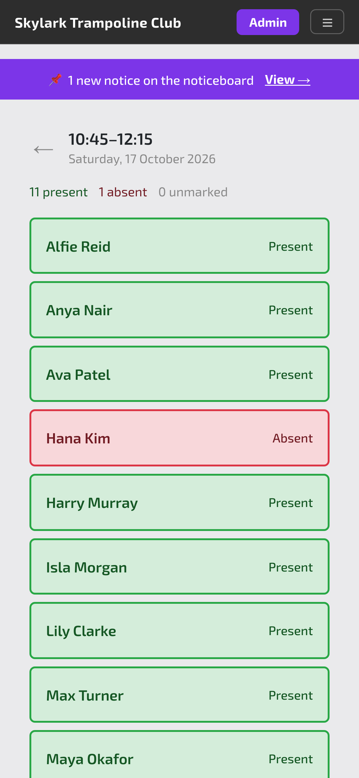 A session register with gymnasts marked present and absent