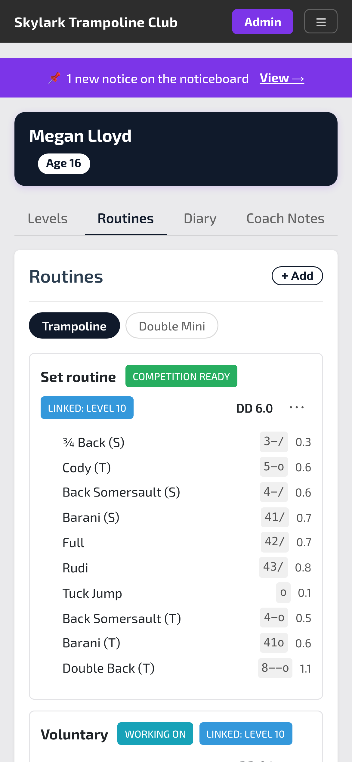 A routine with the difficulty of each skill and the total